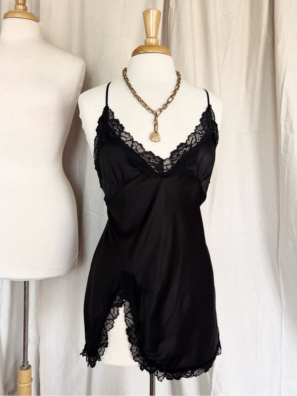 Vintage Classic Lace-Trim Satin Chemise - Black